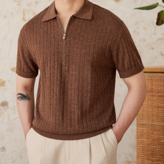 Camisa de Lino Mezcla con Cierre y Rayas Hundidas Manga Corta