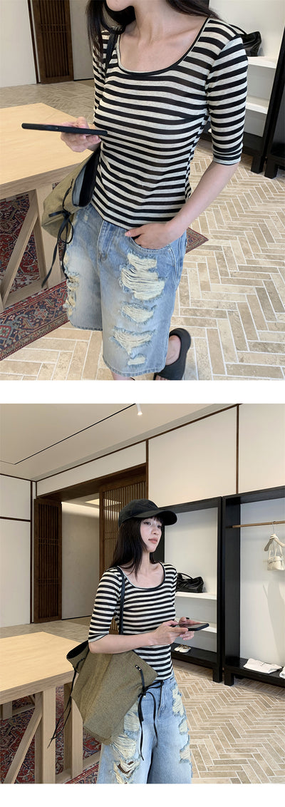 Blusa Rayada Cuello U Manga Media Elástica para Mujer - Image 13