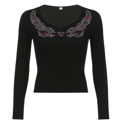 Blusa Ajustada Estampada con Pedrería Hot-Stamping Cuello en V Manga Larga para Mujer - Image 10