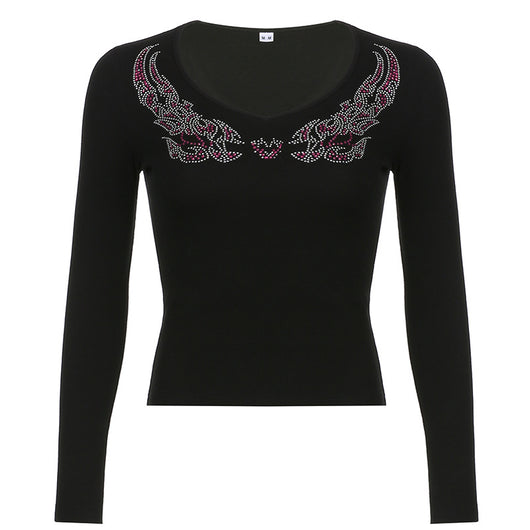 Blusa Ajustada Estampada con Pedrería Hot-Stamping Cuello en V Manga Larga para Mujer - Image 10