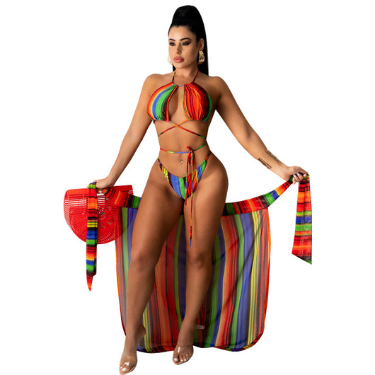 Bikini de Tres Piezas con Tul Estampado y Abertura Lateral - Image 9
