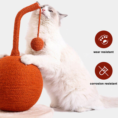 Green sisal cat scratching post with a spherical base, curved post, and dangling ball toy on a round felt base. - Image 10