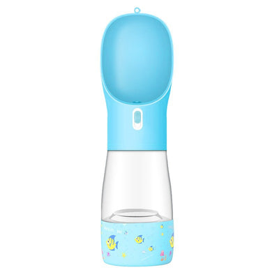 Pink portable pet water bottle with integrated feeder bowl, clear reservoir, and dispensing button for dogs. - Image 38
