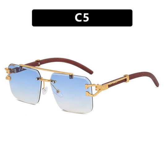 Pink gradient frameless square sunglasses with a double beam, gold-tone hardware, and dark wood-look temples. - Image 9