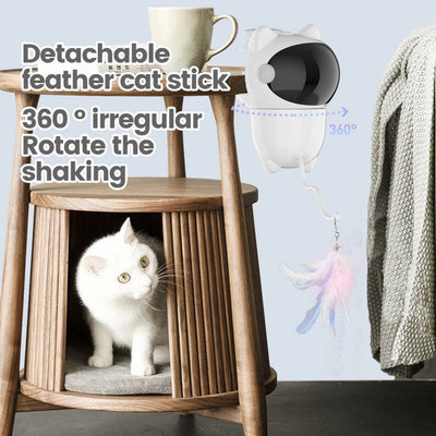 White cat-shaped intelligent laser toy with a black visor and a colorful feather wand attachment for pets. - Image 7