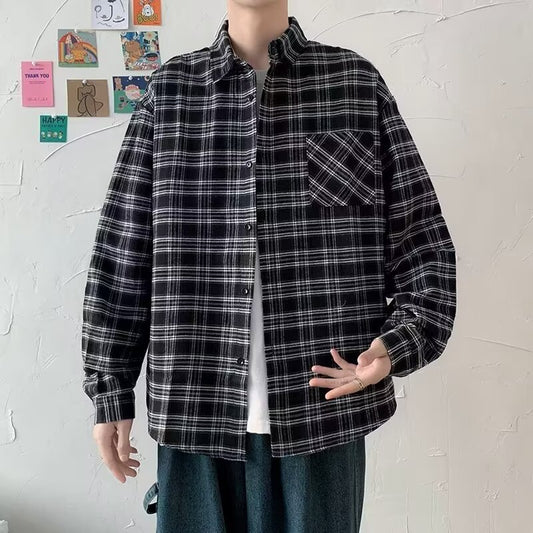 Camisa de Cuadros Negra Suelta y Casual de Manga Larga para Hombre