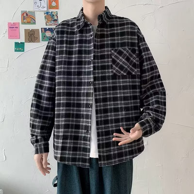 Camisa de Cuadros Negra Suelta y Casual de Manga Larga para Hombre