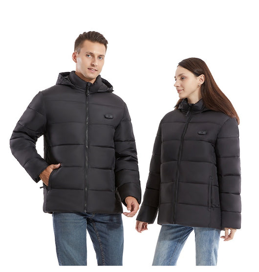 Man and woman modeling black smart heating puffer jackets with hoods, zippered pockets, and horizontal quilting. - Image 17