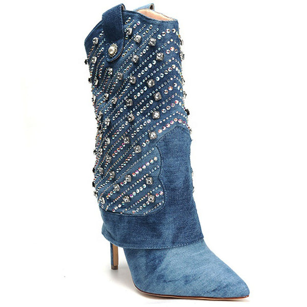 Botas Stiletto con Punta Afilada y Pedrería para Mujer
