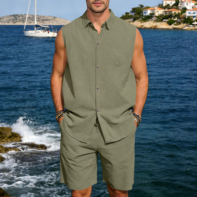 Conjunto de Camisa y Pantalones Cortos de Lino para Hombre - Image 39