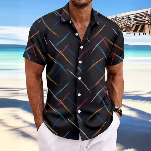 Camisa de Playa Hombre Rayas Plumas - Manga Corta Botones Casual Verano - Image 3