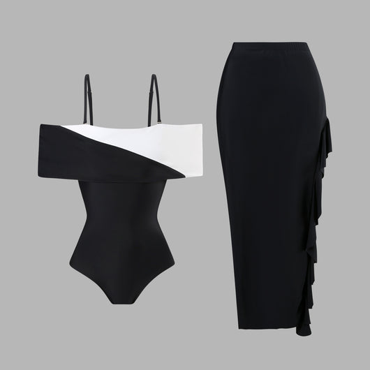 Black one-piece swimsuit with a deep V-neckline and white horizontal stitching detail across the plunge. - Image 36