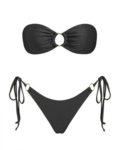 Red glitter bandeau bikini with gold-tone O-rings and side-tie bottoms on a model in a sunny outdoor setting. - Image 58