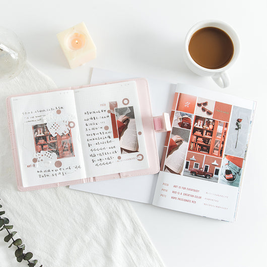 White RosyPosy magazine sticker with a minimalist interior design print featuring a table, chair, and plants. - Image 7