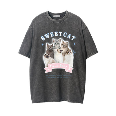 Camiseta Estampado Gatito Efecto Desgastado Manga Corta para Hombre - Image 9
