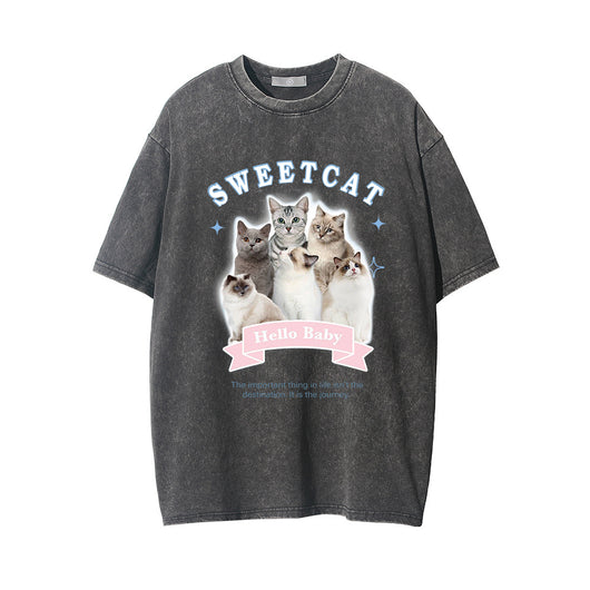Camiseta Estampado Gatito Efecto Desgastado Manga Corta para Hombre - Image 9