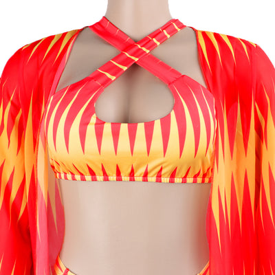 Women's blue and yellow geometric print bikini with high-waisted bottoms and a matching sheer kimono cover-up. - Image 12