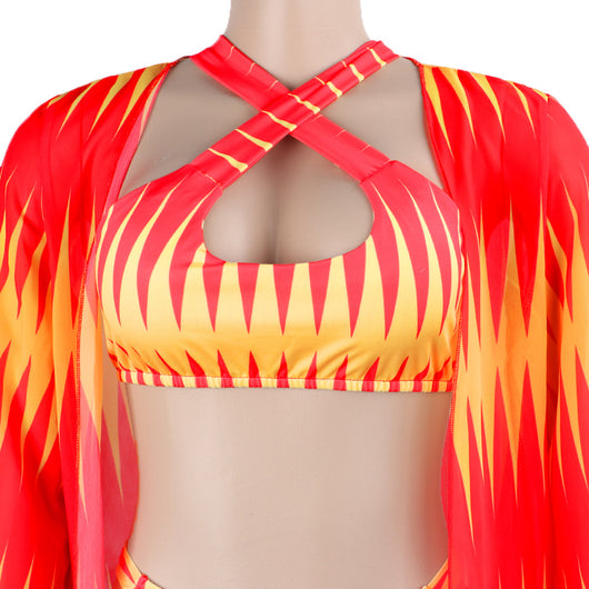 Women's blue and yellow geometric print bikini with high-waisted bottoms and a matching sheer kimono cover-up. - Image 12