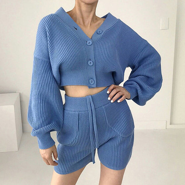 Conjunto Casual Cardigan Escote V con Short Cintura Alta