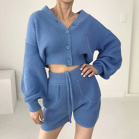 Conjunto Casual Cardigan Escote V con Short Cintura Alta