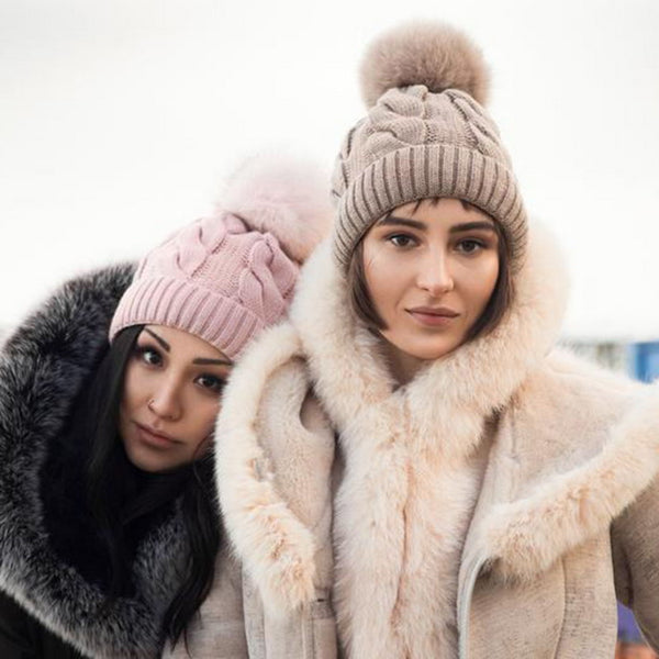Gorro Tejido de Lana Gruesa con Pompón Abrigador para Mujer