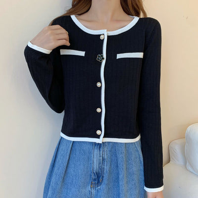 Cardigan Tejido Contraste Suelta Abotonado Simple Versátil - Image 8