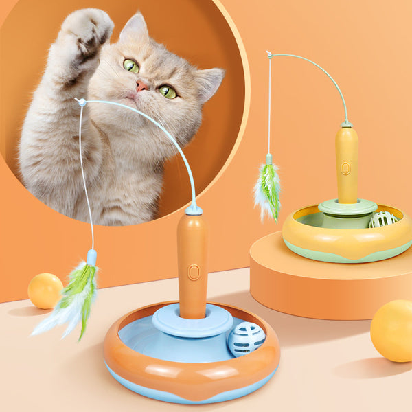 Juguete Interactivo 2 en 1 para Gatos con Plumas y Plataforma Giratoria