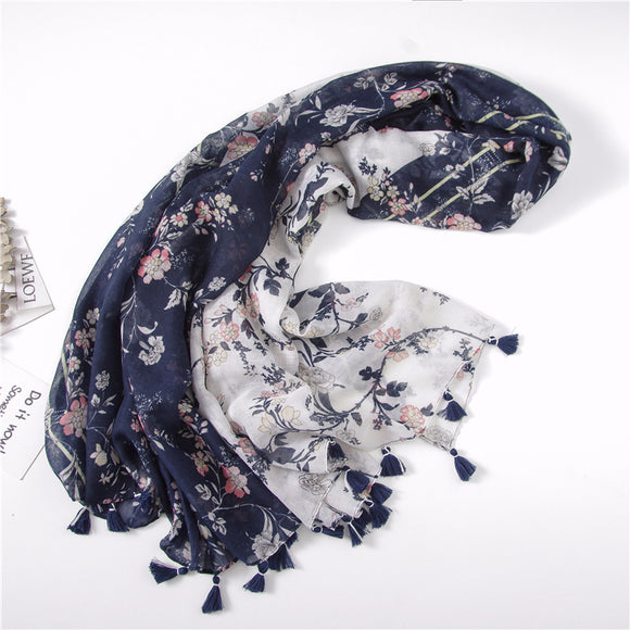 Handmade Silk Scarf with Vintage Floral Print and Fringes