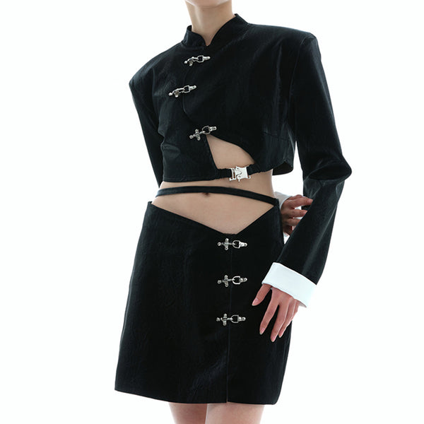 Chaqueta Blazer Bicolor Cuero Negro y Blanco con Botones Metal