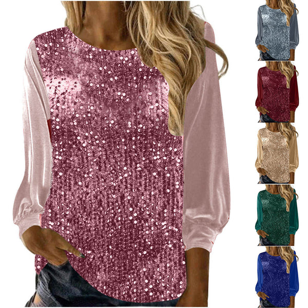 Blusa Suéter Holgada con Lentejuelas y Cuello Redondo - Manga Larga Casual