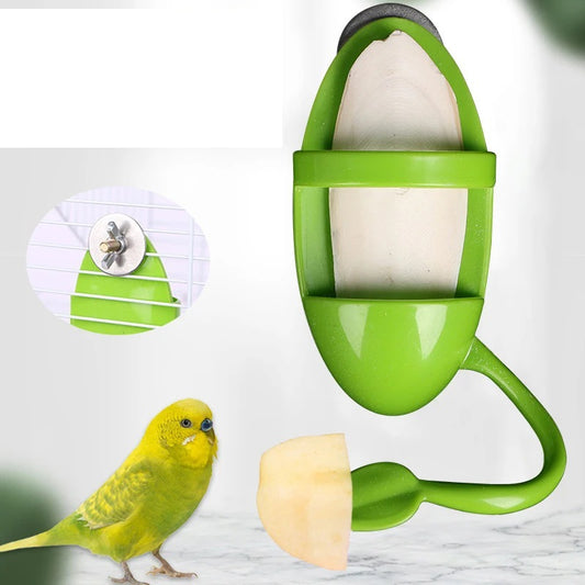 Bright green plastic bird food rack with a lower tray and a leaf-shaped perch, designed for cuttlefish. - Image 2
