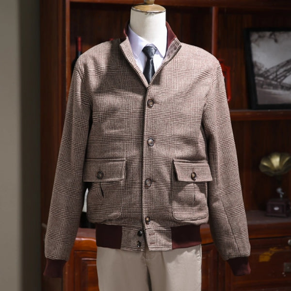 Abrigo Tweed Cuello Mao Monopecho Slim Fit Lujo Retro