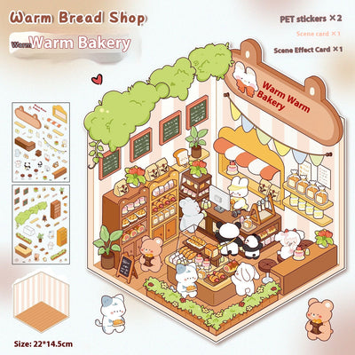 Diy Notebook Decompression Stacking Miniature Sticker set featuring a cute cartoon hot pot shop scene with animal characters. - Image 28
