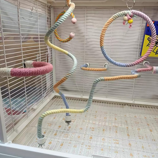 Bright green 150cm spiral rope bird perch with a metal clip, designed for climbing and perching in bird cages. - Image 10