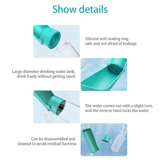 Yellow 450ml portable pet water bottle with a folding drinking trough and white wrist strap, on grass. - Image 24
