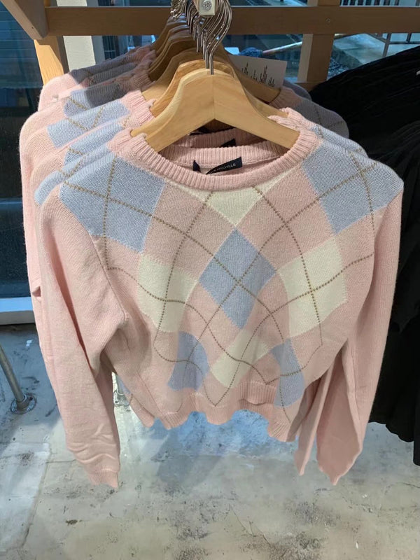 Blusa Cuello Redondo Estampado Cuadros Diamante Stretch para Mujer