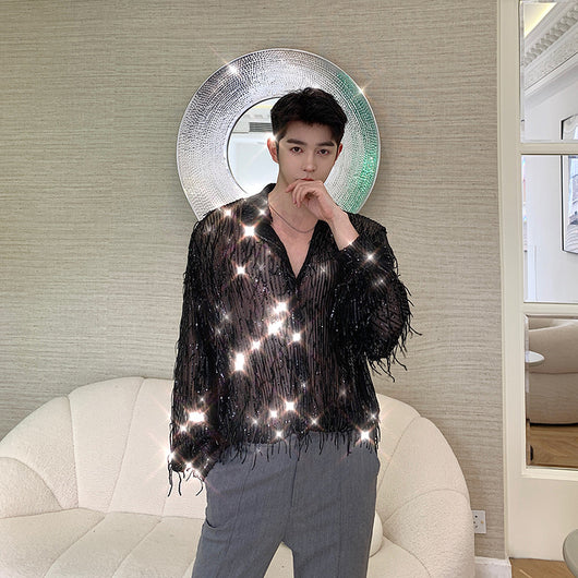 Camisa de Malla Brillante con Flecos y Lentejuelas para Hombre - Image 6
