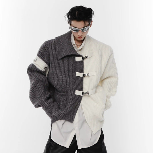 Cardigan Deconstruido Negro y Blanco con Costuras Contrastantes y Botones Metálicos