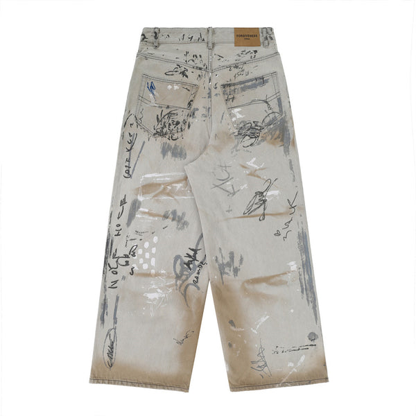 Jeans Hombre con Diseño Graffiti Pintado a Mano y Desgaste Artístico