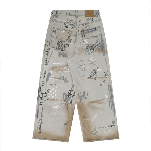 Calça Jeans Masculina com Design de Grafite Pintado à Mão e Desgaste Artístico