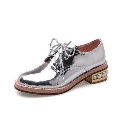 Zapatos de Cuero Brillantes con Plataforma y Tacón Medio - Puntera Redonda Primavera Otoño - Image 3