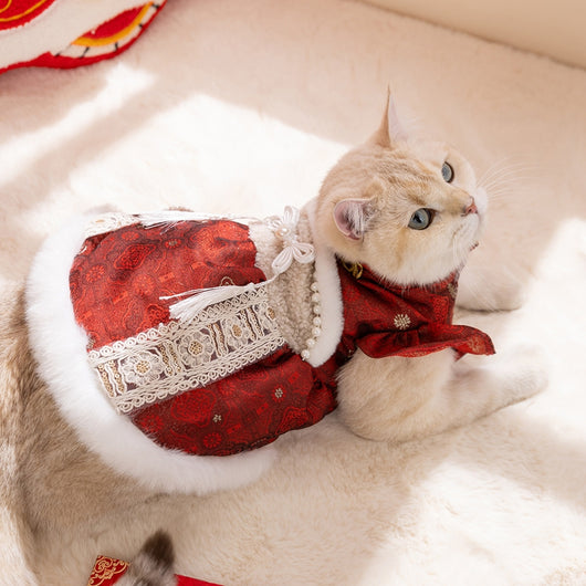 Elegante Qipao Festivo para Mascotas - Vestido Rojo Año Nuevo Chino con Encaje y Pelaje Sintético - Image 13