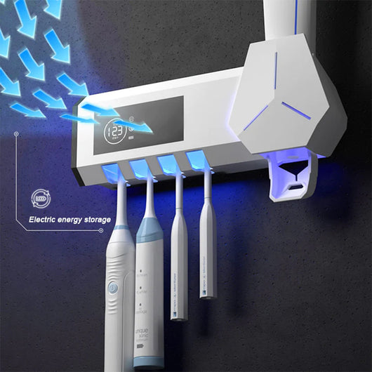 White wall-mounted toothbrush sterilizer with UVC ultraviolet light, holding four electric toothbrushes. Features a digital display and blue sterilization light - Image 3