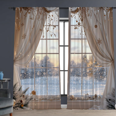Pair of Christmas curtains with a 3D digital print of a snowy winter window scene, frosted trees, and snowflakes. - Image 15