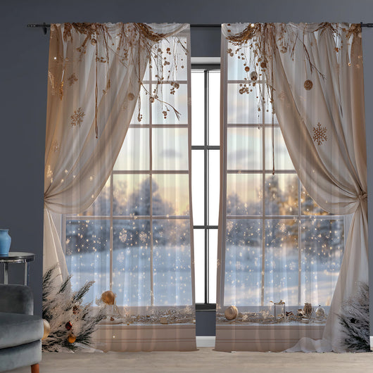 Pair of Christmas curtains with a 3D digital print of a snowy winter window scene, frosted trees, and snowflakes. - Image 15