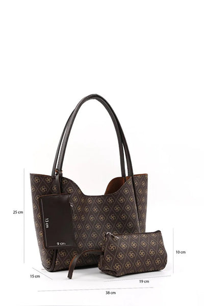 Bolso de Cuero Sintético Monogram Brown con Cartera y Neceser Incluido