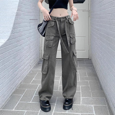 Pantalones Cargo Sueltos Vintage Americano con Múltiples Bolsillos y Detalles Desgastados - Image 4