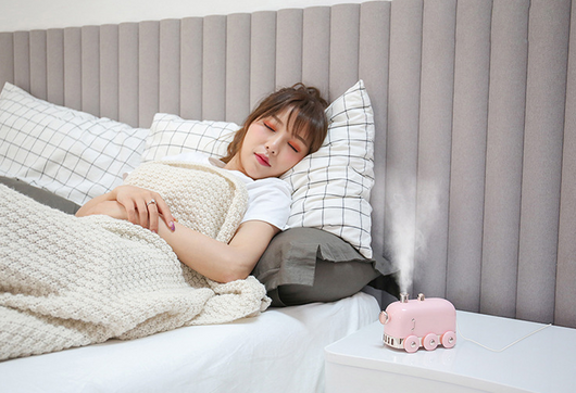 Pink retro mini train ultrasonic humidifier and aroma diffuser with rose gold accents on a white background. - Image 15