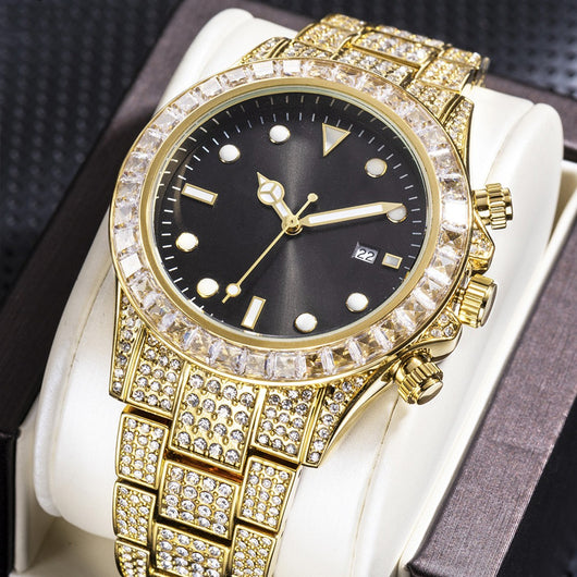 Reloj de Cuarzo Luminoso con Diamantes y Patrón Solar Bicolor