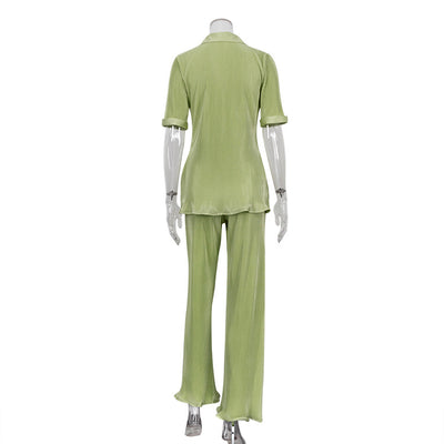 Conjunto Casual: Blusa Verde Manga Corta + Pantalón Plisado Talle Alto - Image 23